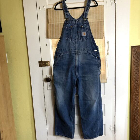 VTG Carhartt R07 DST Denim Overalls Bib Mens Size 40x30 Workwear Chore Gorpcore - Picture 1 of 13